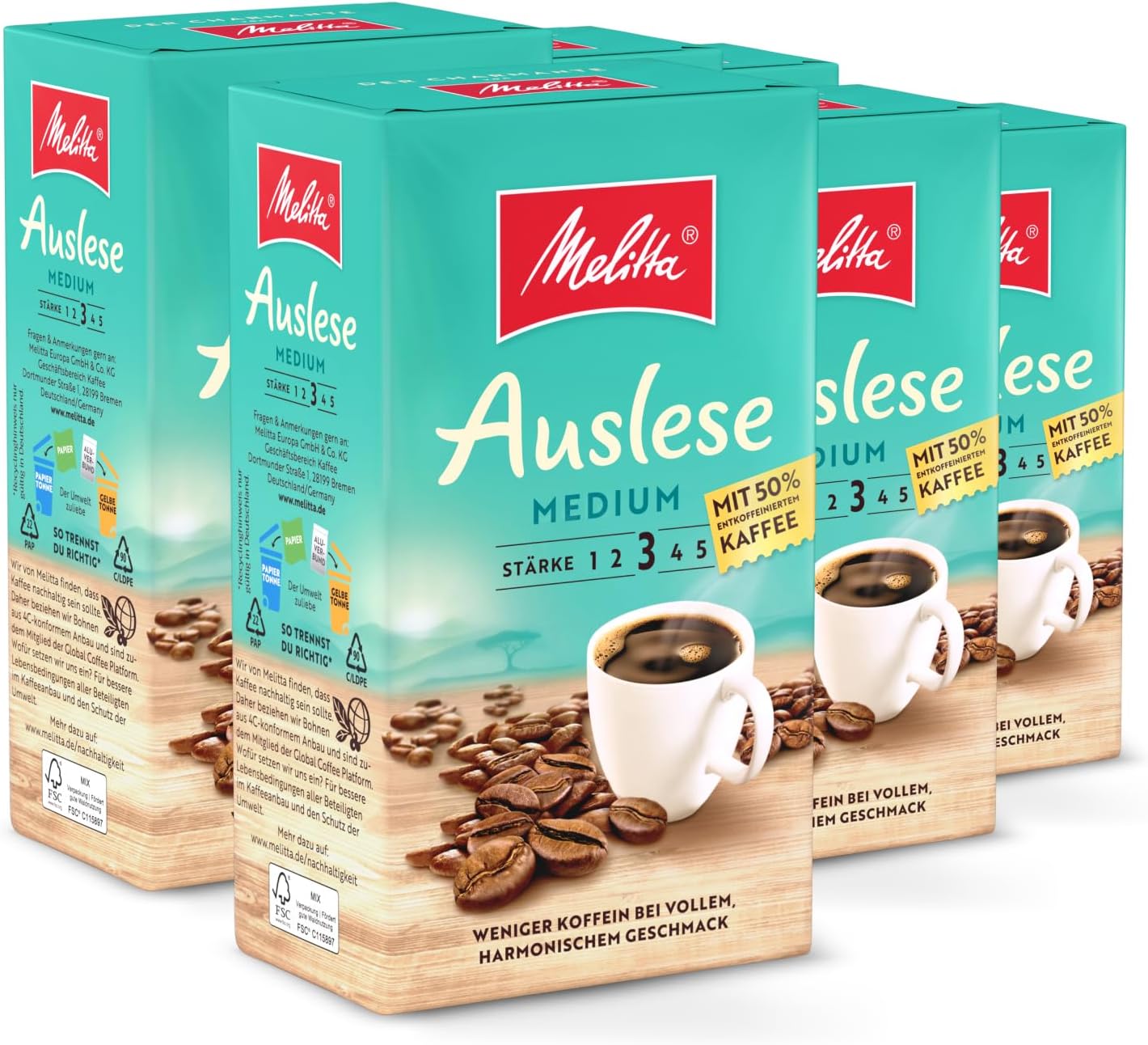 Auslese Café Filtre Moyen 6 X 500 G, Moulu, en Poudre pour Machines à Café Filtre, Café Décaféiné à 50 pour Cent, Torréfaction Moyenne, Torréfié en Allemagne, en Barquette
