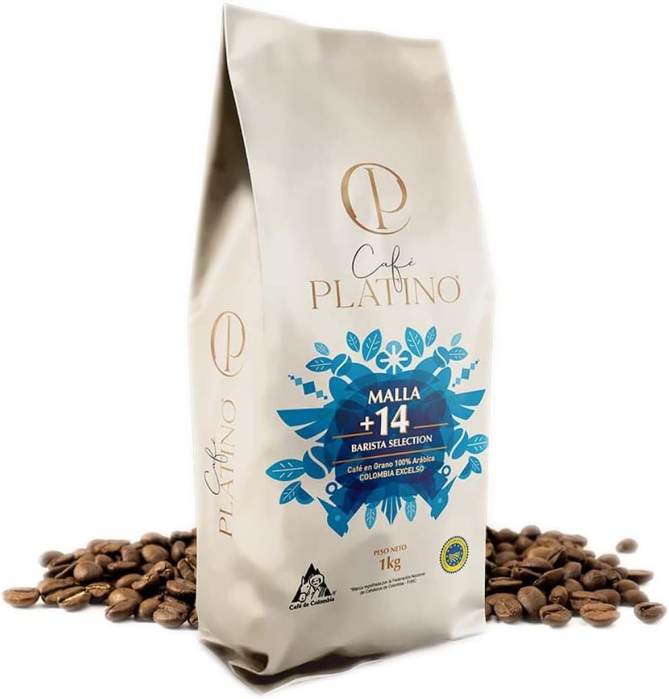 Café Platino - Café en grains colombien torréfié décaféiné - 1 Kg - Sélection Excelso Gourmet Certifiée par la Fédération Nationale des Caféiculteurs de Colombie - Maille +14