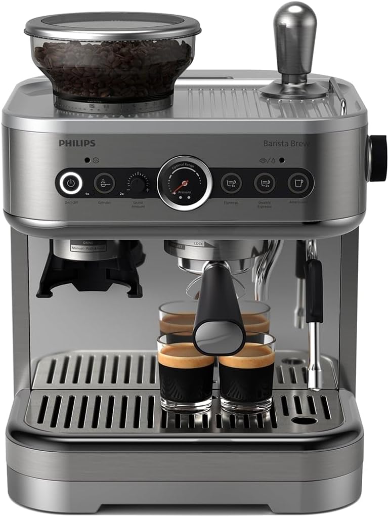 Barista Brew Machine à Espresso Semi Automatique - Espresso simple et double + bouton Americano, réservoir à grains de 250g, guidage intuitif, tassage calibré, métal argenté (PSA3218/01)