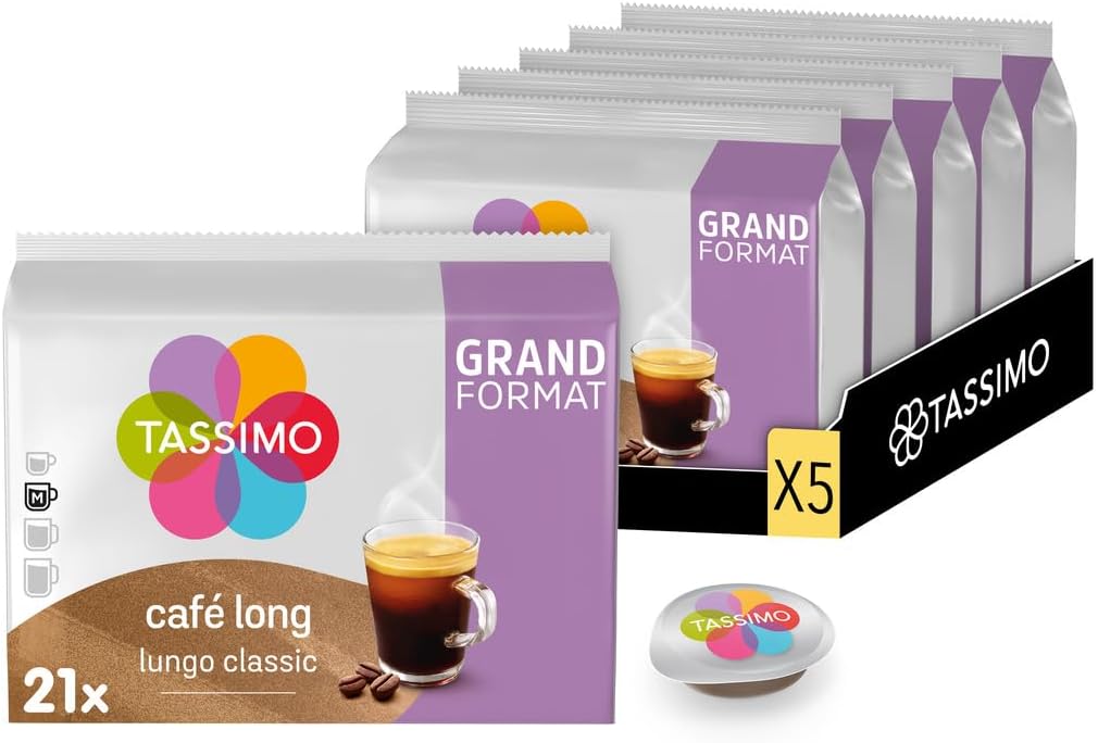 , 105 Dosettes Café Long, Compatibles avec les machines TASSIMO, 105 Cafés Rond et aromatique, 5 packs de 21 dosettes TASSIMO Long 21 unité (Lot de 5)