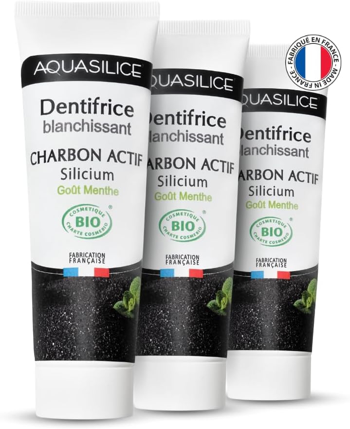 Lot x3 Dentifrices Charbon Actif BIO - 75 ml - VEGAN ; COSMOS ORGANIC ; COSMEBIO - AQUASILICE - Fabriqué en France