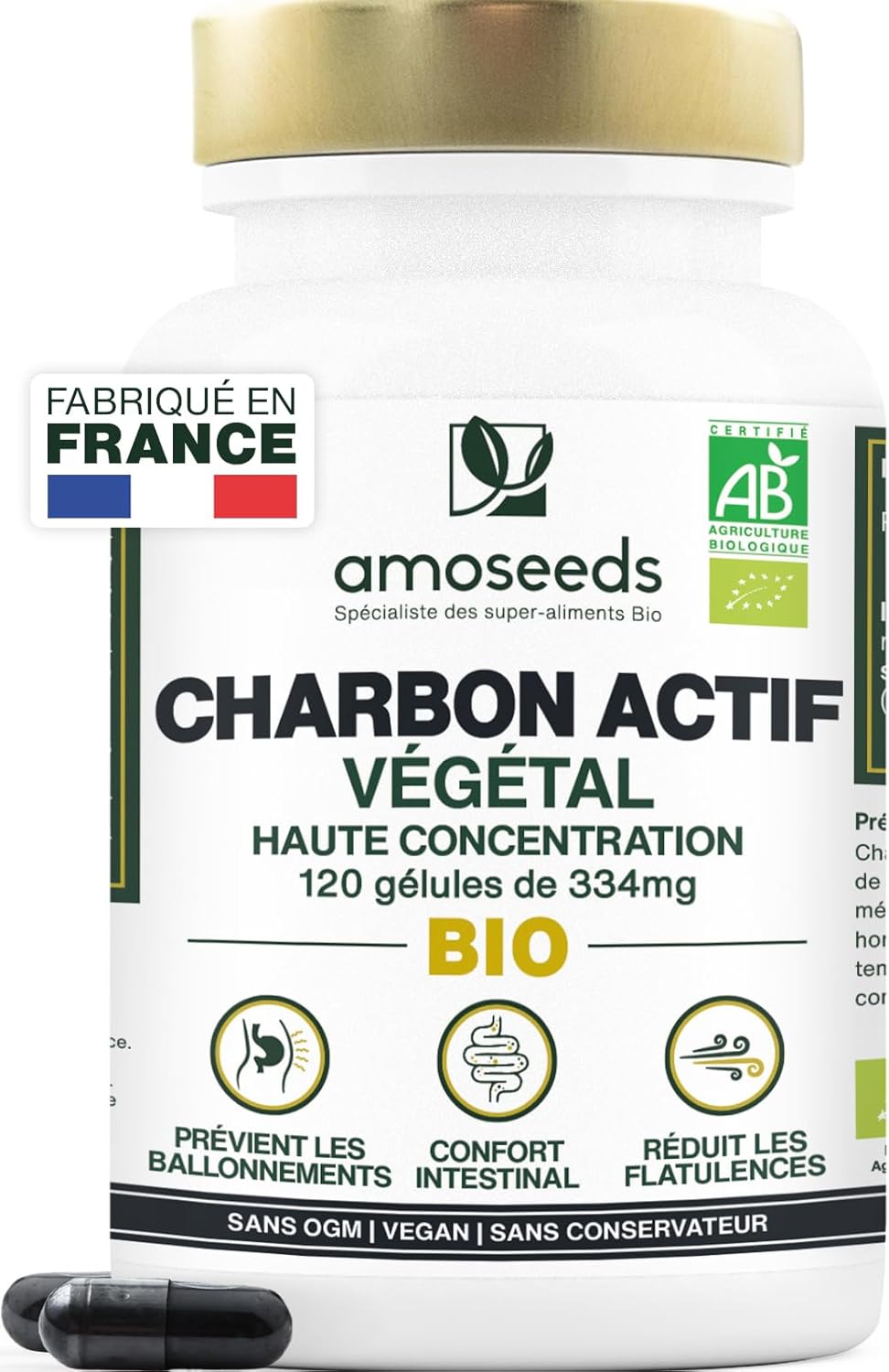 Charbon Actif Végétal BIO - Haute Concentration, 2000mg / Jour - 120 gélules de 334mg - Ballonnements, Flatulences - Qualité Supérieure, Français