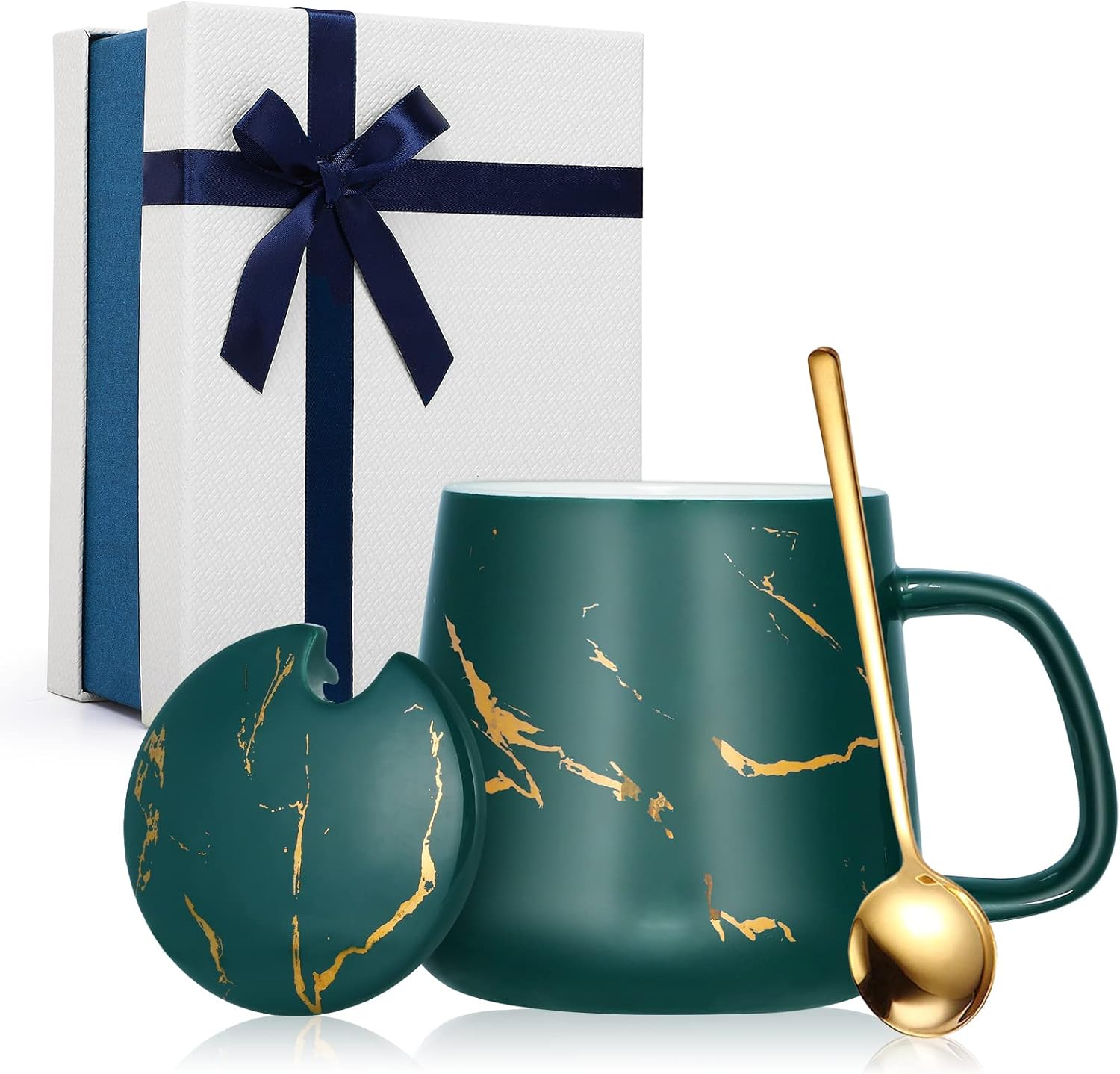 Tasse à café en céramique marbrée avec couvercle, tasse à café en céramique et cuillère, set cadeau de tasse à café pour homme, tasse à café mode pour femme, set cadeau 12 oz/400ml Bleu