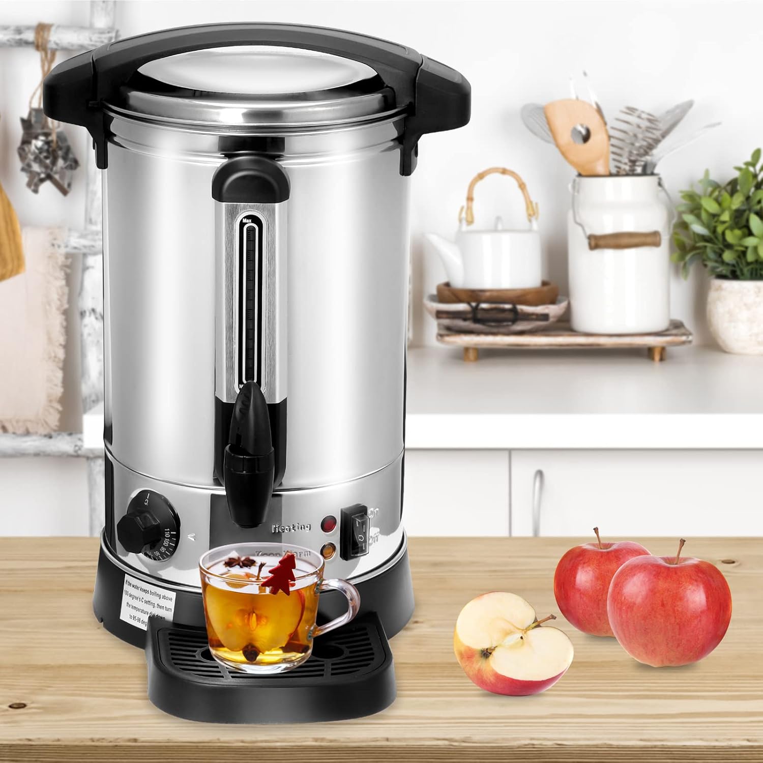 Randaco Bouilloire à vin chaud, 8 l, en acier inoxydable, avec bac récupérateur, robinet, réglage de la température de 30 à 110 °C, distributeur automatique de boissons chaudes