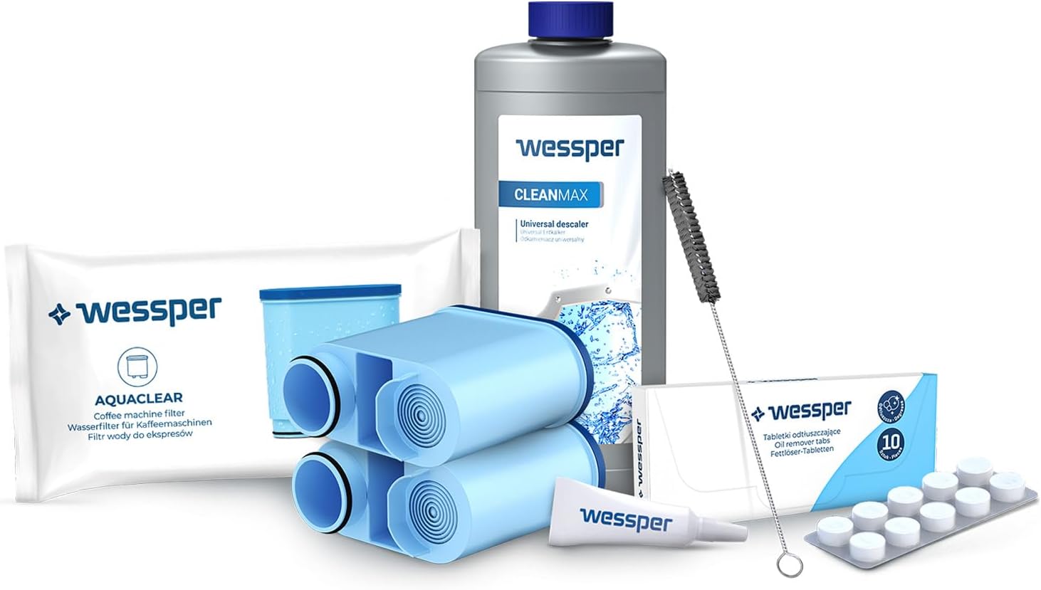 Kit d'Entretien pour Machine à Espresso Philips Saeco - 2 Filtres à Eau AquaClean, 10 Pastilles de Nettoyage, 500ml de Détartrant, Brosse et Graisse