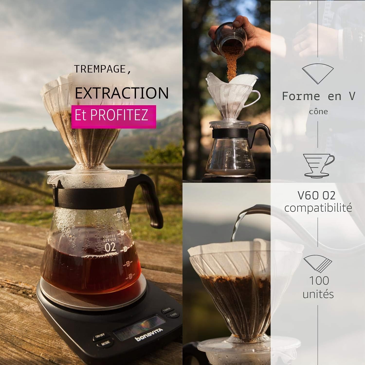 Hario Filtres en papier pour cafetière V60, compatible avec la taille 02, Blanc, 1-100pcs 1-100pcs Blanc