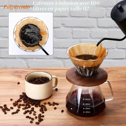Verser Over Cafetière en verre borosilicate avec 100 filtres en papier taille 02, poignée en noyer et couvercle en verre, 600 ml, transparent 600 ml(transparent)