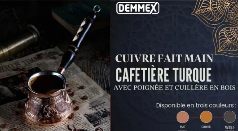 DEMMEX Cafetière Turque Grecque Arabe en Cuivre le Plus Épais, Pot à Café pour Cuisinière, Cezve Ibrik Briki avec Manche en Bois & Cuillère, (Gravé à la Main (270 ml)) 9 fl oz Cuivré