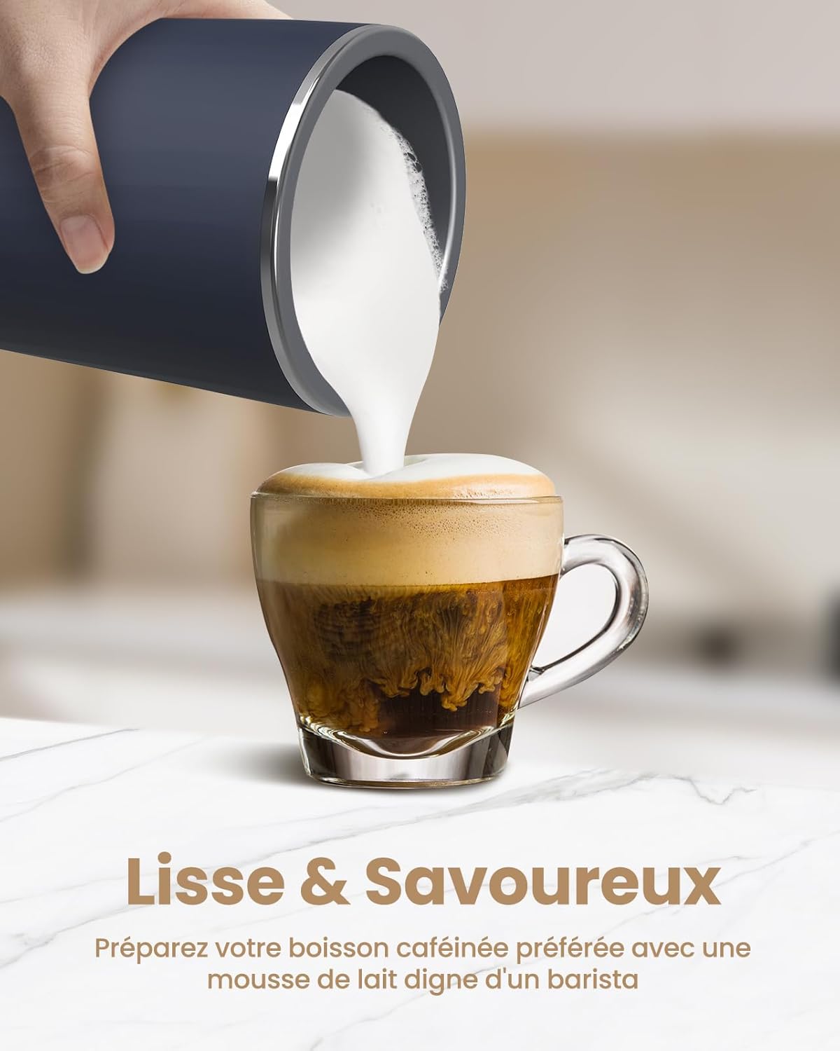 Mousseur à Lait Électrique 4-en-1 Mousse Chaude & Froide Chauffage du Lait & Cacao Revêtement Antiadhésif Arrêt Automatique Silencieux pour Cappuccino & Latte Bleu Foncé
