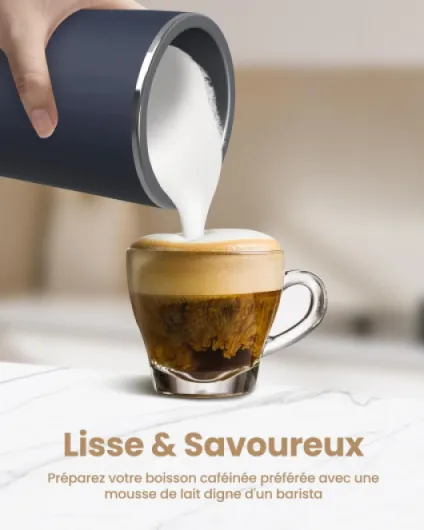 Mousseur à Lait Électrique 4-en-1 Mousse Chaude & Froide Chauffage du Lait & Cacao Revêtement Antiadhésif Arrêt Automatique Silencieux pour Cappuccino & Latte Bleu Foncé