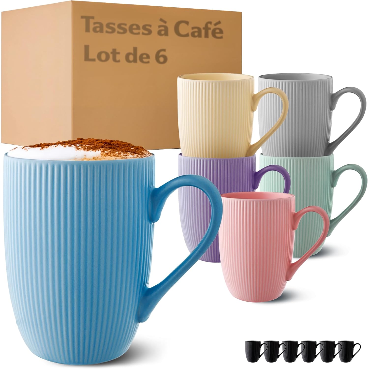 Tasse à Café - Lot 6 Tasses à Café Couleur Pastelle - Modèle Unique - Céramique Mate - Résistant Micro-Ondes & Lave-vaisselle - Poignée Confortable
