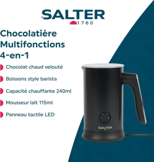 Chocolatière 4-en-1: Machine à Chocolat Chaud, Mousseur de Lait Automatique sans Fil, Chauffe-lait Chaud et Froid, 240ml/115ml, 500W, Panneau LED, Idéale pour Café, Chocolat etc, Garantie 3 ans Moderne