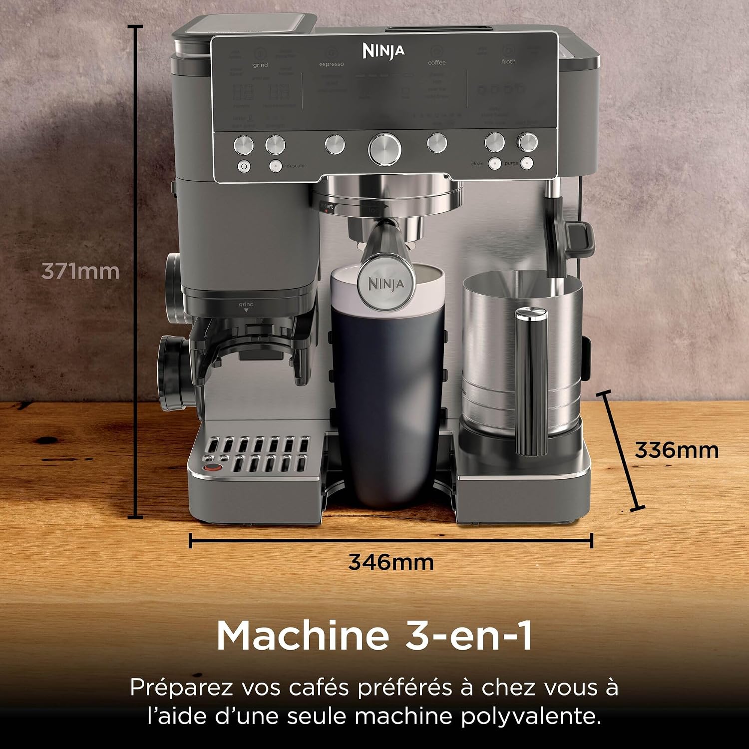 Luxe Premier, Machine a cafe a grain barista semi-automatique, 3-en-1: espresso, extraction froide et café filtre, Broyeur et mousseur intégrés, Avec pichet et tasseur, Gris Métalisé, ES601EUGM
