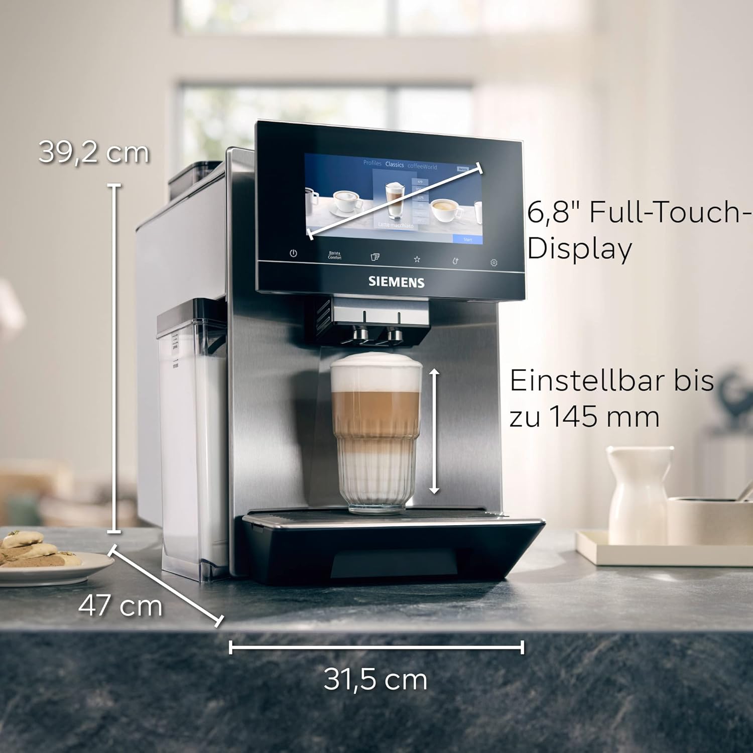 Siemens, machine à café automatique EQ900 TQ907D03, contrôle par l'application, écran tactile, mode barista, réduction du bruit, 10 profils, nettoyage la vapeur, 2 réservoirs grains, 1 500 W Écran TFT 6,8" et Bean Ident