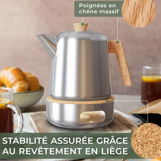 Théière avec Infuseur (1,1L) en Acier Inoxydable 304 - Poignées en Bois de Chêne, Sans Goutte, Filtre Amovible et Réchaud