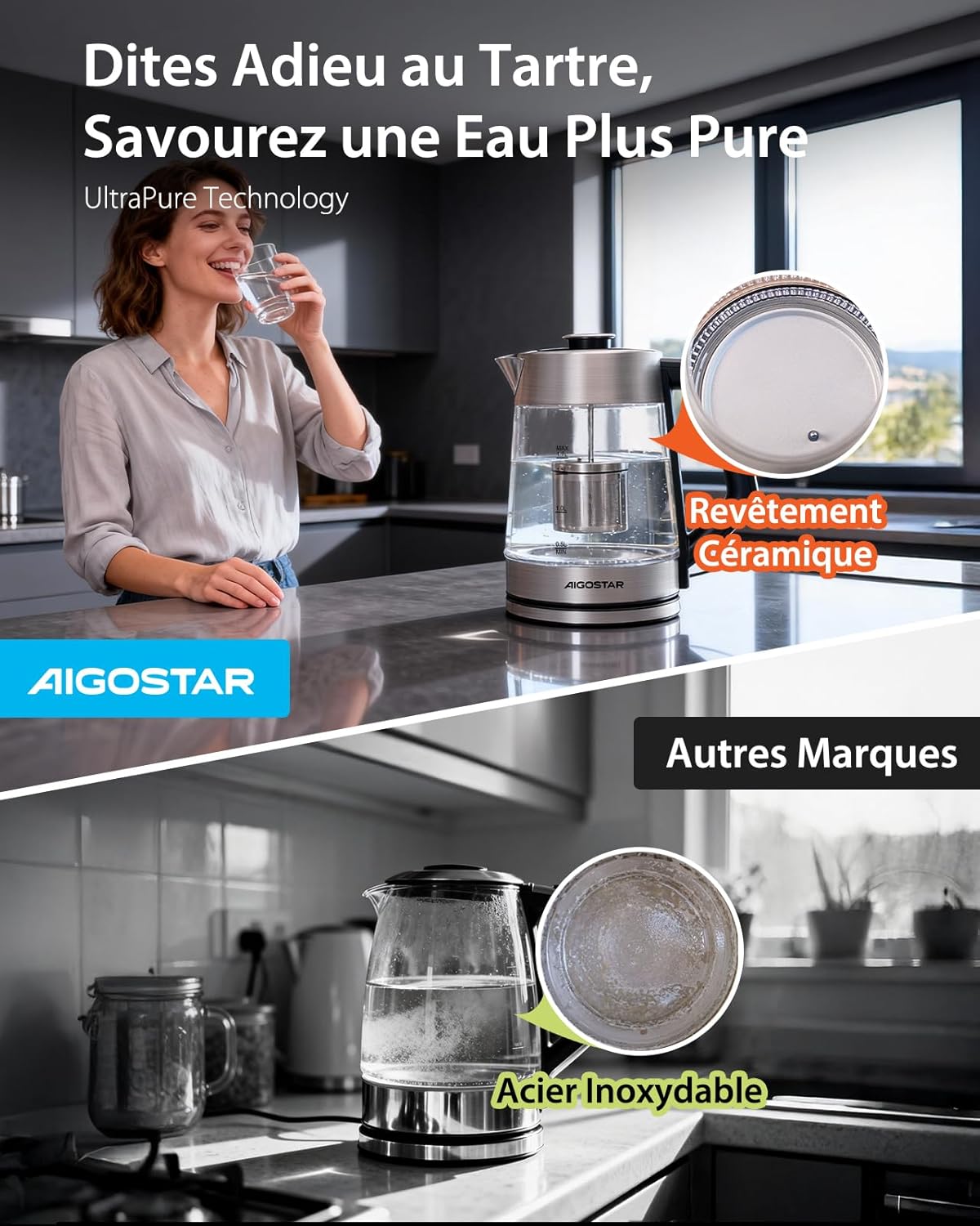 Bouilloire Electrique Temperature Reglable, Revêtement Céramique Anti-tartre, 1,7L Theiere Electrique en Verre Avec Infuseur, Ébullition Rapide 2200W, Fonction Maintien au Chaud, Sans BPA 1.7l Céramique