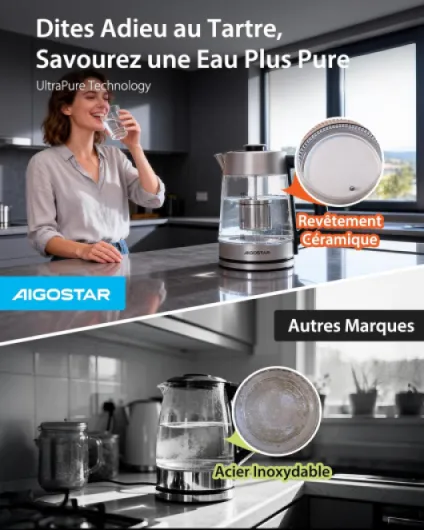 Bouilloire Electrique Temperature Reglable, Revêtement Céramique Anti-tartre, 1,7L Theiere Electrique en Verre Avec Infuseur, Ébullition Rapide 2200W, Fonction Maintien au Chaud, Sans BPA 1.7l Céramique