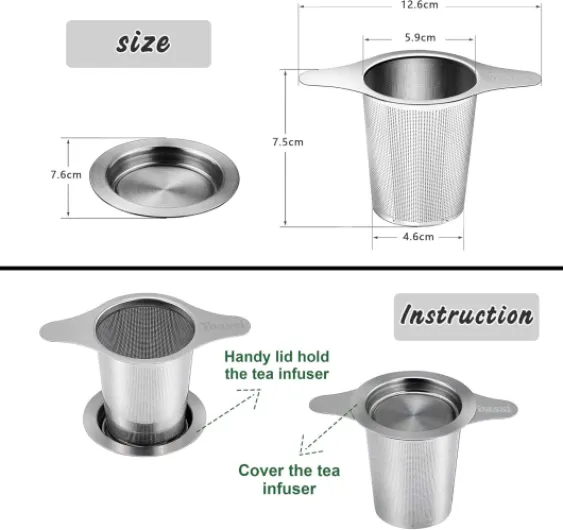 Filtre à Thé,2PCS Infuseur à thé Trou Fin en 304 Acier Inoxydable, Passe-Thés à Manche avec Deux Languettes Et Couvercle Universel pour Théière, Mug, Tasse, Bouteille Pack - 2 Unidades