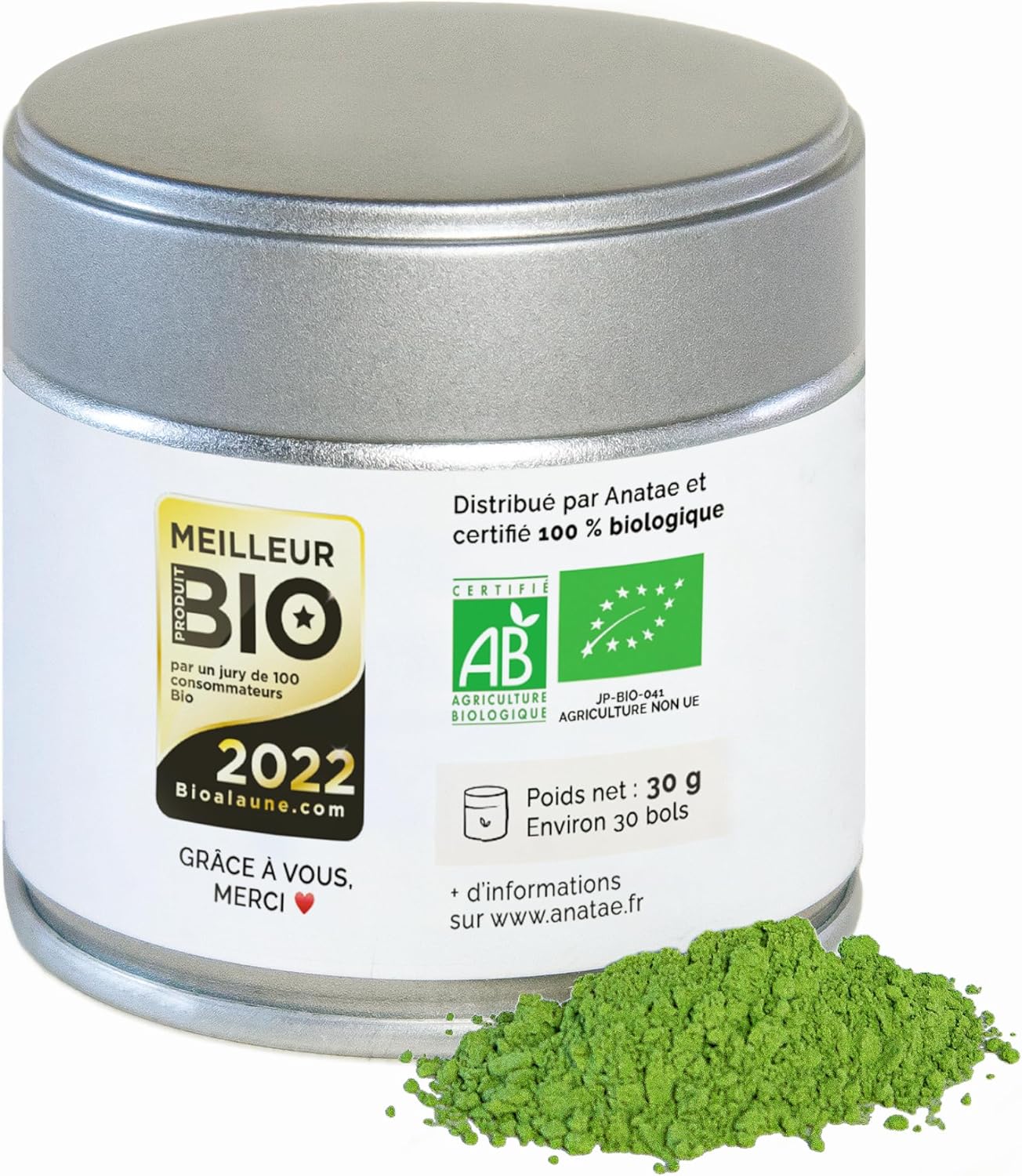 Anatae Marque française - Thé Matcha bio cérémonie japonais - Sans amertume - Poudre de thé vert matcha 100% BIO qualité cérémonielle - Récolté à la main à Nishio, Japon - 30