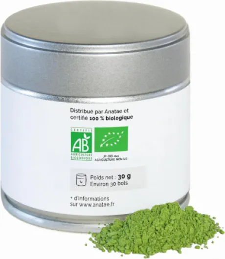 Anatae Marque française - Thé Matcha bio premium japonais - Amertume discrète - Poudre de thé vert matcha 100% BIO qualité premium - Récolté à la main à Nishio, Japon - (30)