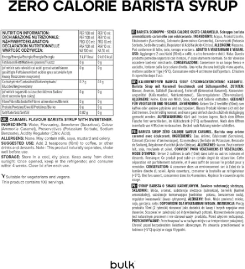 Bulk Sirop Barista Zéro Calorie, Caramel, 1 Litre, Parfait pour les shakes protéinés, Café, Thé, Desserts, Faible teneur en matières grasses, Faible calories, l'emballage peut varier Caramel 1 l (Lot de 1)