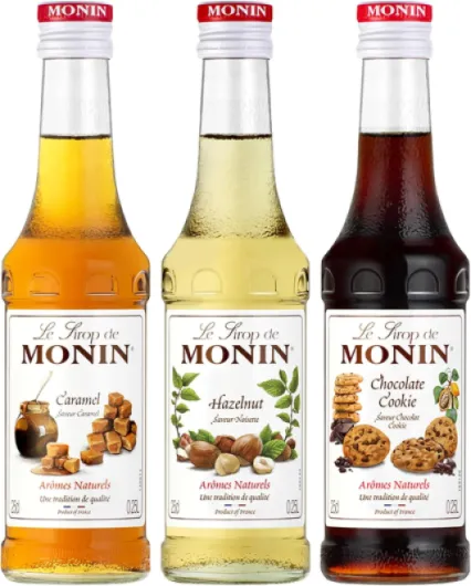 Coffret Sirop MONIN Pour Café Saveurs Noisette/Caramel/Chocolat Cookie - Pour Café, Chocolat Chaud, Capuccino ou Latte - Arômes Naturels - Bouteille en Verre - 3 x 25 cl