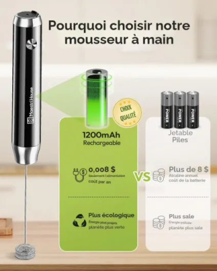 Mousseur à Lait Électrique, Rechargeable Mousseur a Lait - Fouet en Acier Inoxydable, étanche Portable Mini Mixeur 2 fouets pour Café, Latte, Cappuccino, Matcha, Lunafro (avec Support) Noir