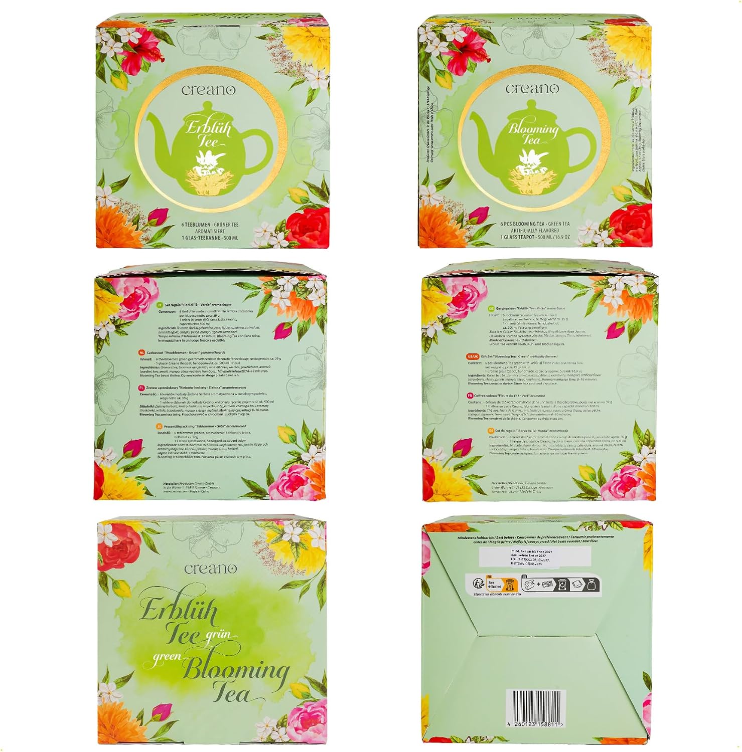 Coffret Cadeau Fleurs de Thé Vert - Flower Design - Thé à Fleurs avec une Théière en Verre de 500 ml et 6 variétés de thé vert - Cadeau de Noël - Cadeau pour les femmes et les amateurs de thé