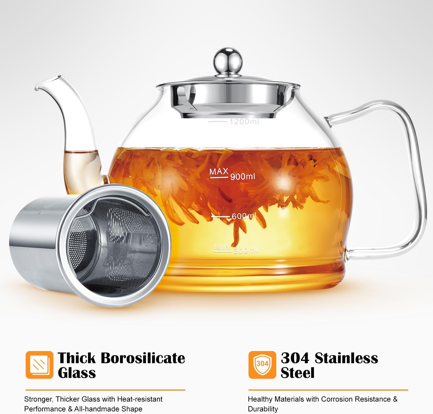 1200ml Theiere en Verre Borosilicate avec Infuseur, Pots à thé en Vrac, Coffre-fort pour Cuisinière