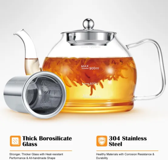 1200ml Theiere en Verre Borosilicate avec Infuseur, Pots à thé en Vrac, Coffre-fort pour Cuisinière
