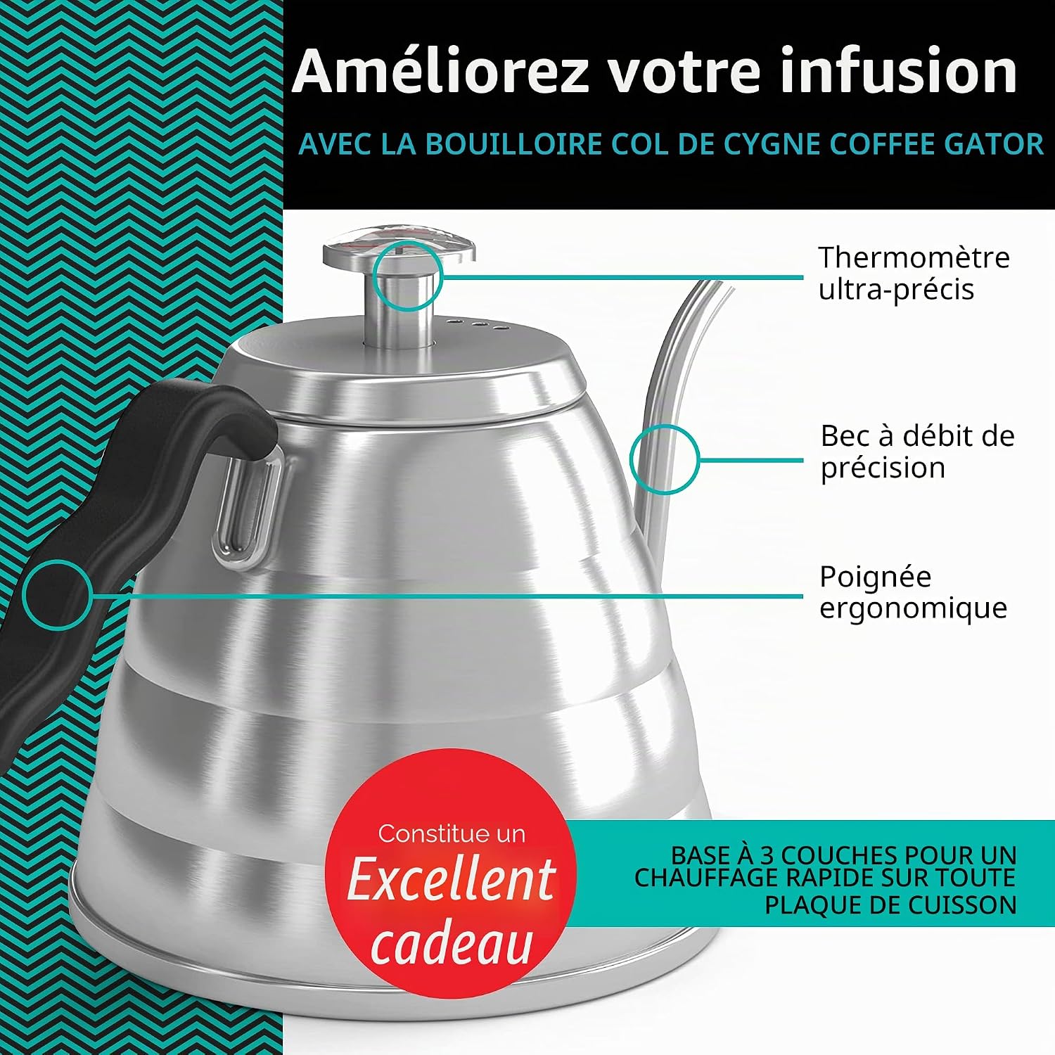 Coffee Gator Bouilloire à col de cygne avec Thermomètre -1.2 L Bouilloire en Acier Inoxydable de Qualité Supérieure pour Cafetière, Ccuisinière avec bec verseur de précision, pour Café goutte-à-goutte 40oz (1.2L) Acier Inoxydable