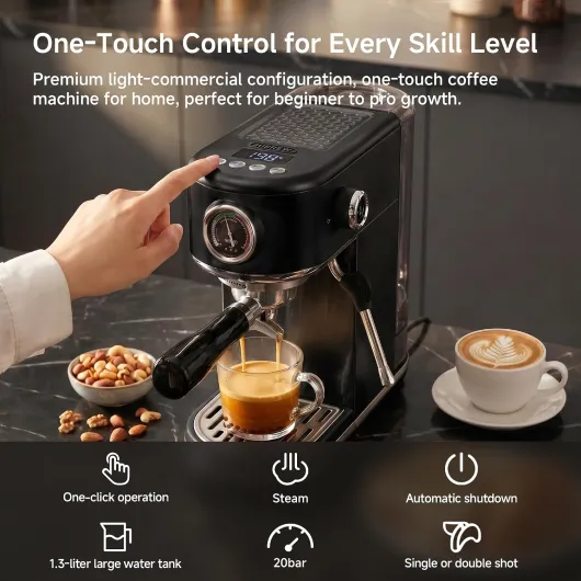 H10B Machine à Espresso Programmable avec Écran LED et Manomètre - Cafetière Compacte en Acier Inoxydable 20 Bars avec Buse Vapeur, Porte-Filtre 51mm pour Cappuccino et Latte Noir