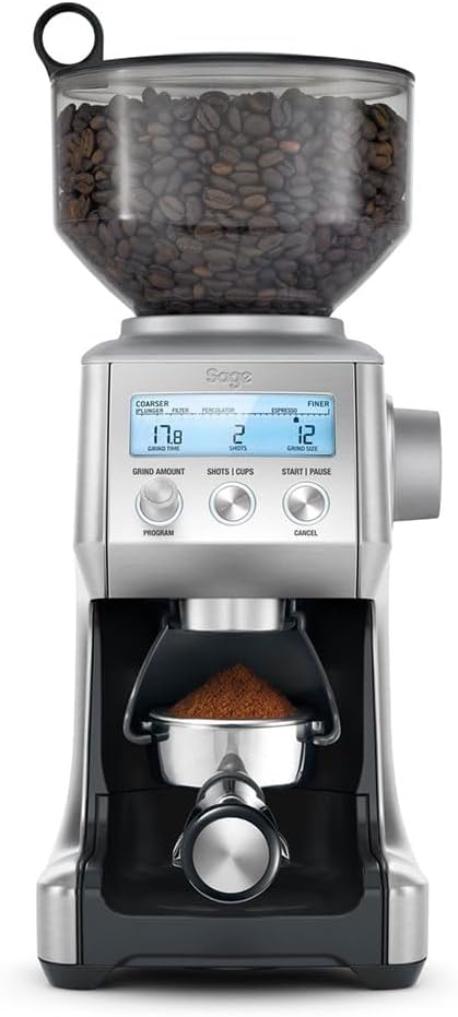 The Smart Grinder Pro, Acier Inoxydable Brossé - 60 Réglages de Mouture, Dosing iQ Au 1/5 de Seconde, 165W, Écran LCD; Mouture Directe Porte-Filtre, Panier ou Papier