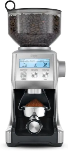 The Smart Grinder Pro, Acier Inoxydable Brossé - 60 Réglages de Mouture, Dosing iQ Au 1/5 de Seconde, 165W, Écran LCD; Mouture Directe Porte-Filtre, Panier ou Papier