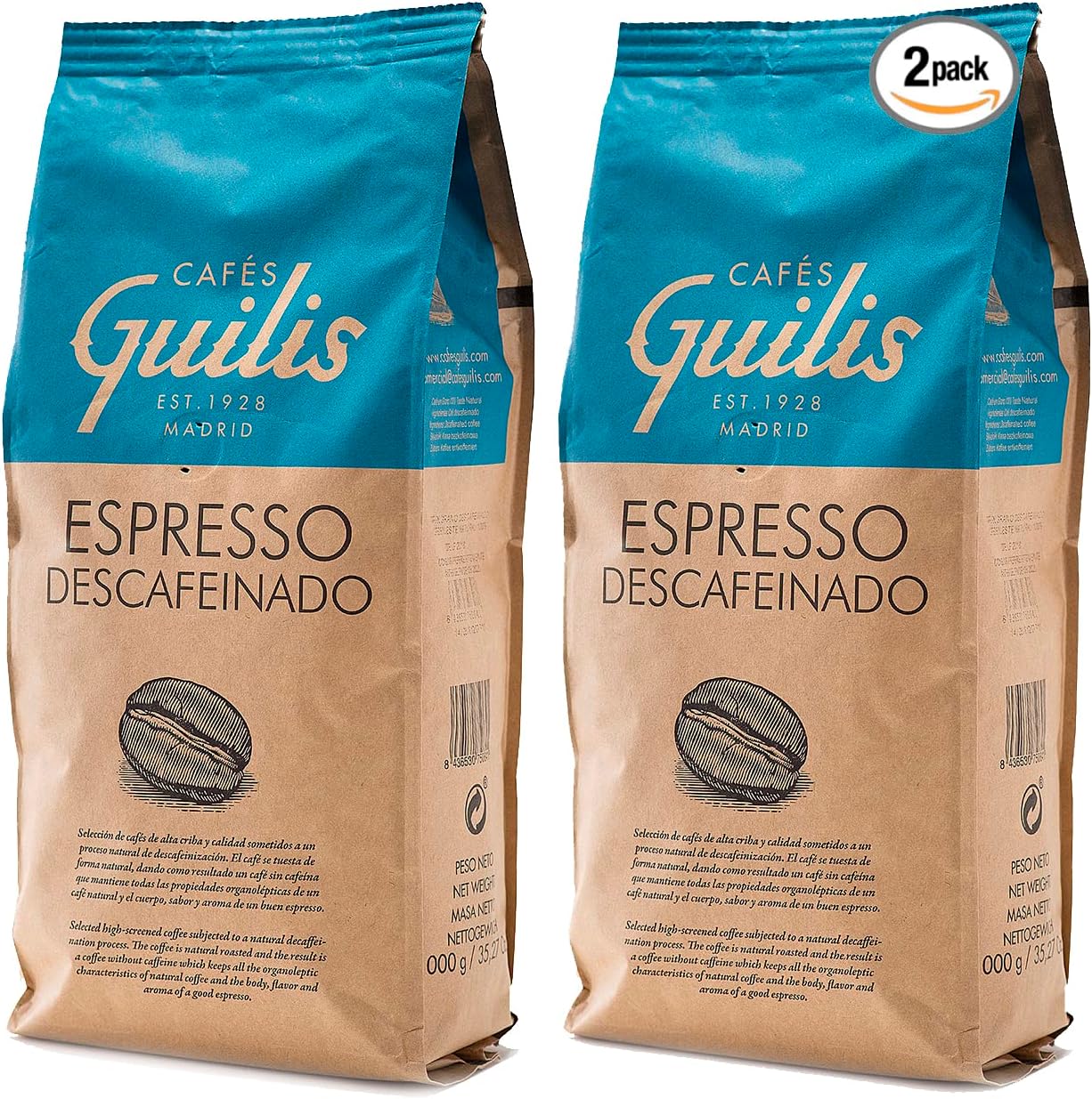 Café en Grain Entiers Décaféiné Arabica De Torréfaction Naturelle 2 kg Café 2 kg (Lot de 1)