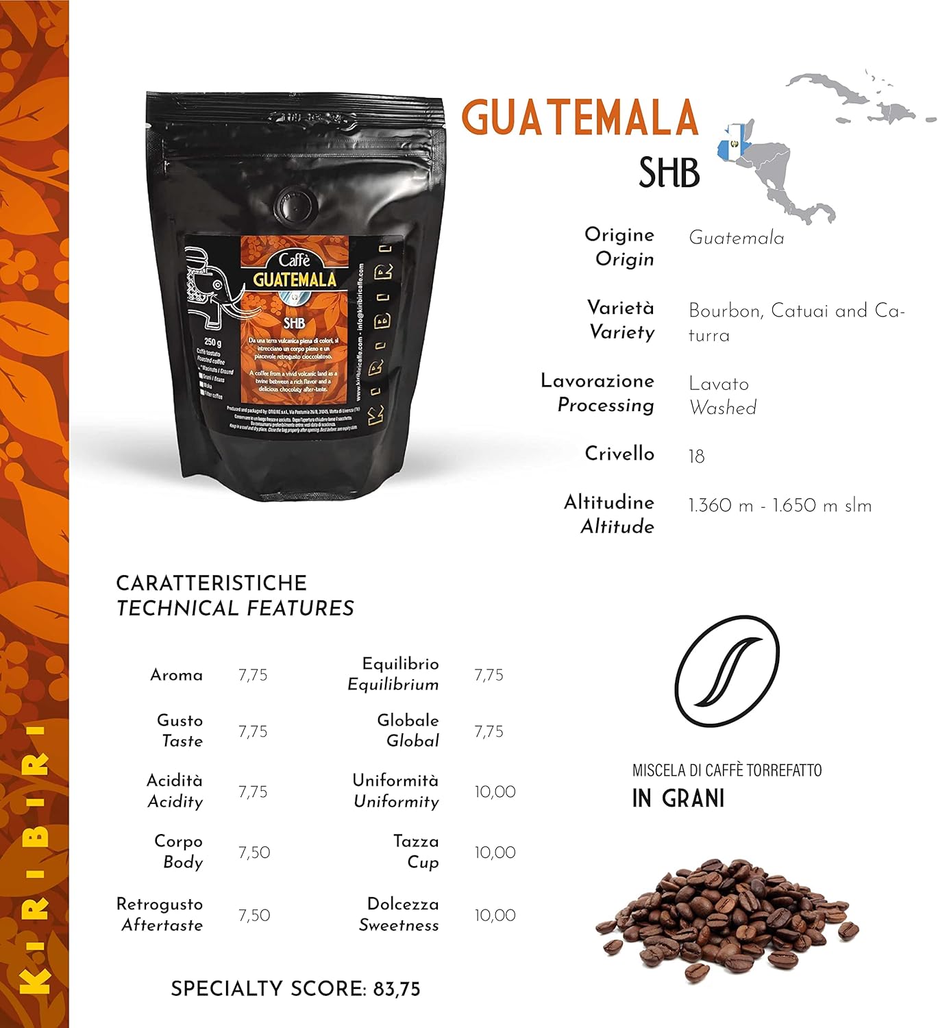 Café de spécialité d'origine unique 100% Arabica - Brésil, Guatemala, Honduras Biologique, Kenya (4 x 250 g en grains)
