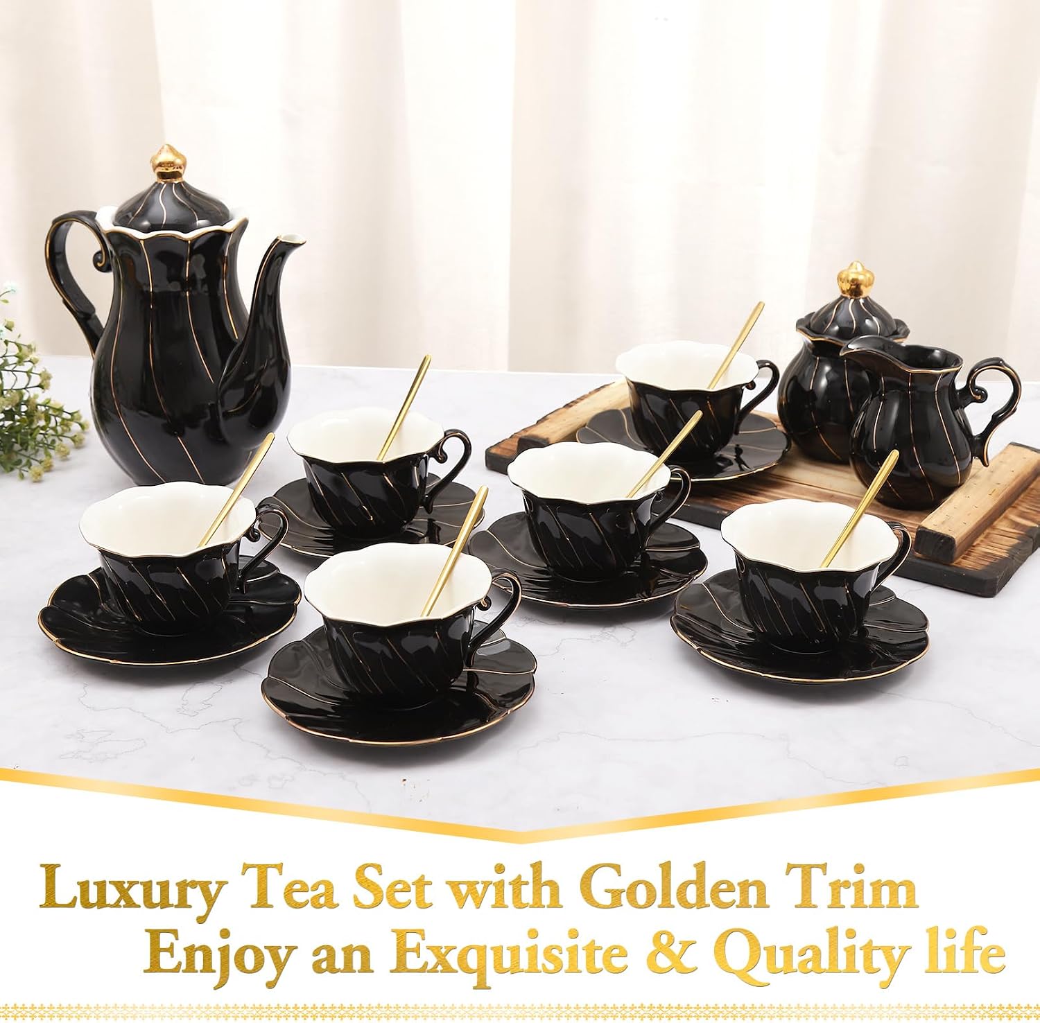 Service à thé 22 pièces en porcelaine pour 6 personnes, ensemble de tasses à thé/café de luxe de style britannique avec bordure dorée, beau service à thé pour femme, ensemble de thé, coffret Noir