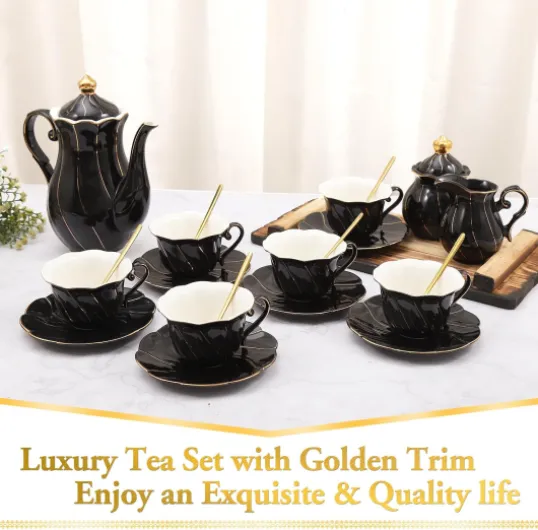 Service à thé 22 pièces en porcelaine pour 6 personnes, ensemble de tasses à thé/café de luxe de style britannique avec bordure dorée, beau service à thé pour femme, ensemble de thé, coffret Noir
