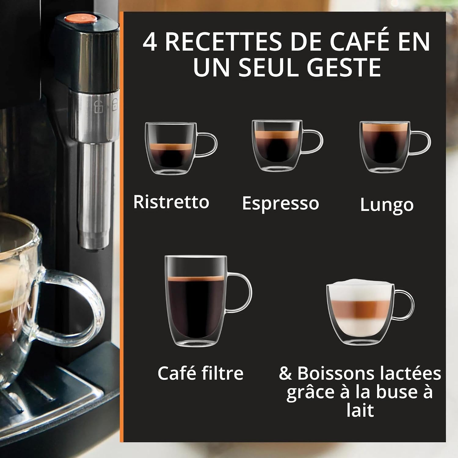Harmony - Machine Espresso Automatique Noire - 4 recettes - 15 bars - Cafetière a grain pour ristretto - Espresso - Lungo et cappuccino - Mousseur manuel - Nettoyage automatique - Format compact Noir 4 boissons