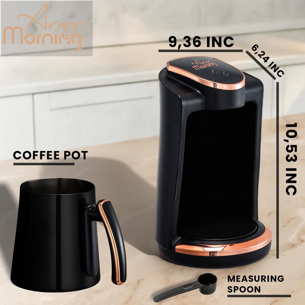 Any Morning Cafetière turque, cafetière, machine à café, 250 ml, 4 tasses, arrêt automatique, double bec en acier inoxydable, capteur de détection de brassage, surveillance de la cuisson (mousse